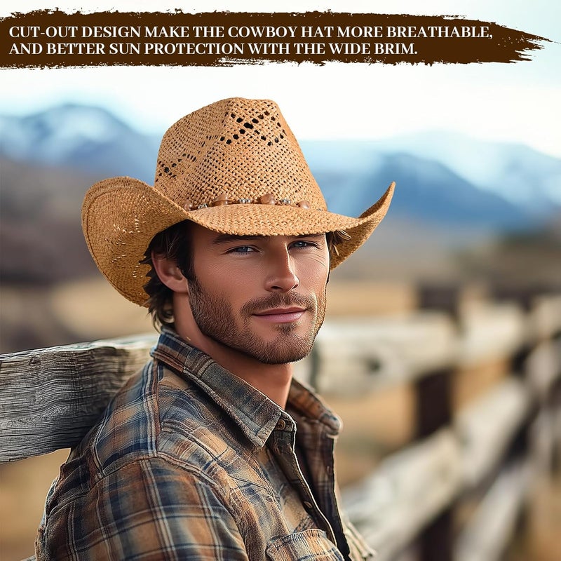 Willheoy Straw Cowboy Hat for Men Womens Straw Cowgirl Hat Summer Western Cowboy Hats with Wide Brim for Cowgirls and Cowboys - Image 2